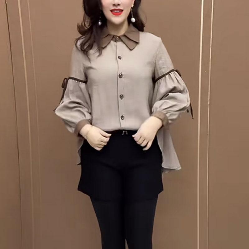 

Преппи Стиль Повседневная Рубашка с Рукавами-Фонариками Весна Осень Лацкан Женская Одежда Однобортная Модная Блузка на Кулиске с Вставками M кофейный