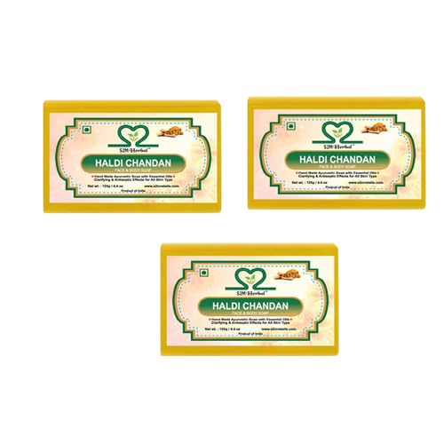 S2M Herbal Handmade Haldi Chandan Soap (Pack of 3 x 125g) | Sandalwood & Turmeric Ayurvedic Bath Soap with Glycerine | Deep Cleansing, Nourishing &