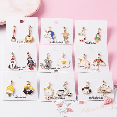 925 Silver Asymmetric Stud Earrings: HyunA Fried Egg & Unicorn Design