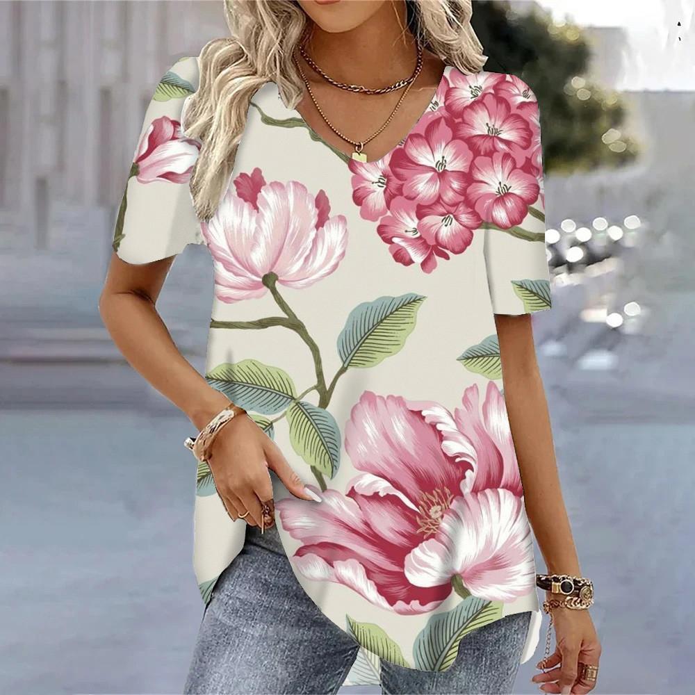 Women's T-shirt 3D Floral Pattern Printing Casual Short-sleeved V-neck Loose Top