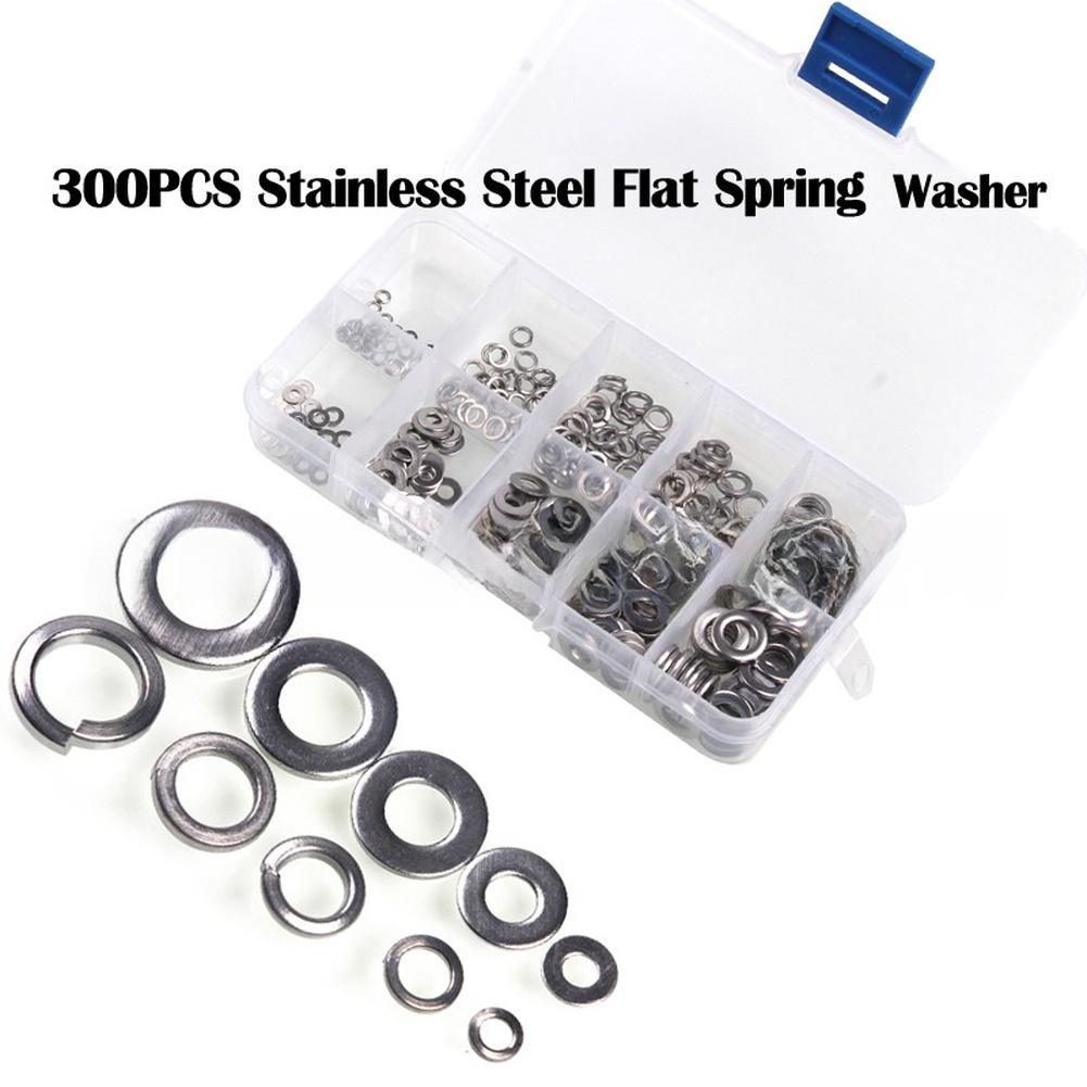 300pcs Stainless Steel Flat Spring Washer Assortment Kit M2-M6 Spring Washer Flat Washer Combination Box Round Washers