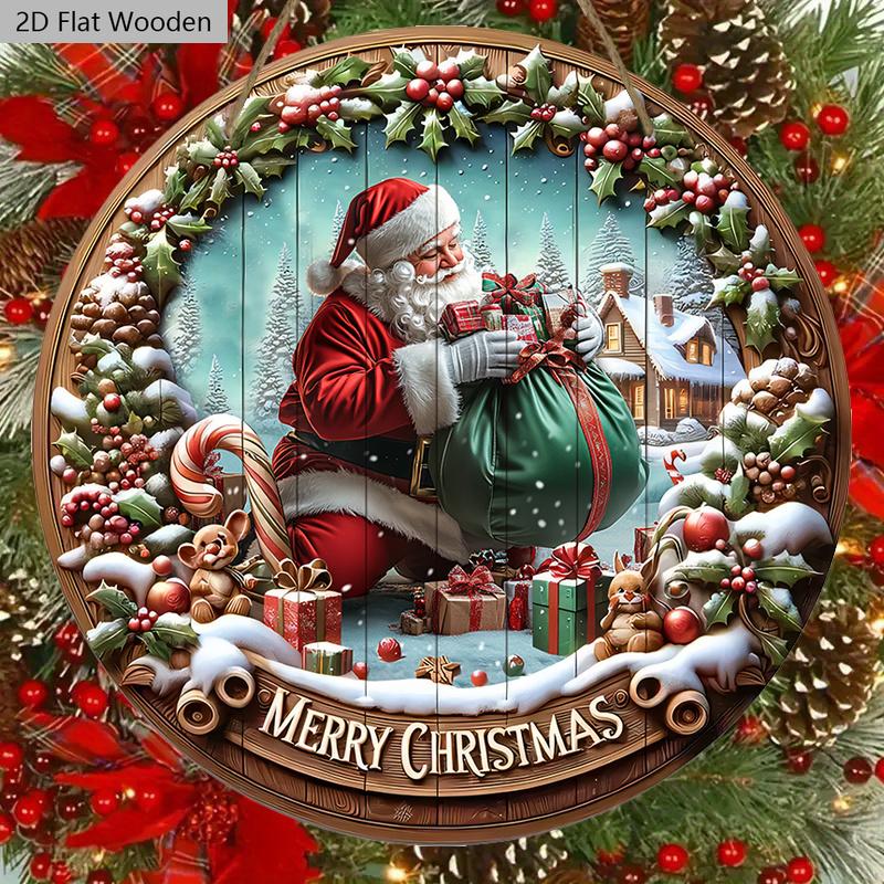 Rustic Christmas Wooden Sign with Santa Claus Pattern - Merry Christmas Round Sign for Front Door, Wall Hanging Decor - Ideal Christmas Decoration