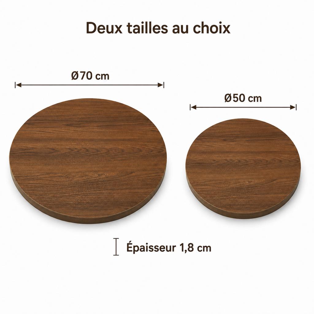 2-Piece Set Round Table Tops, Walnut Wood Look, diameter 70 cm Dining Table Top + diameter 50 cm Side Table Top, Table Top Only