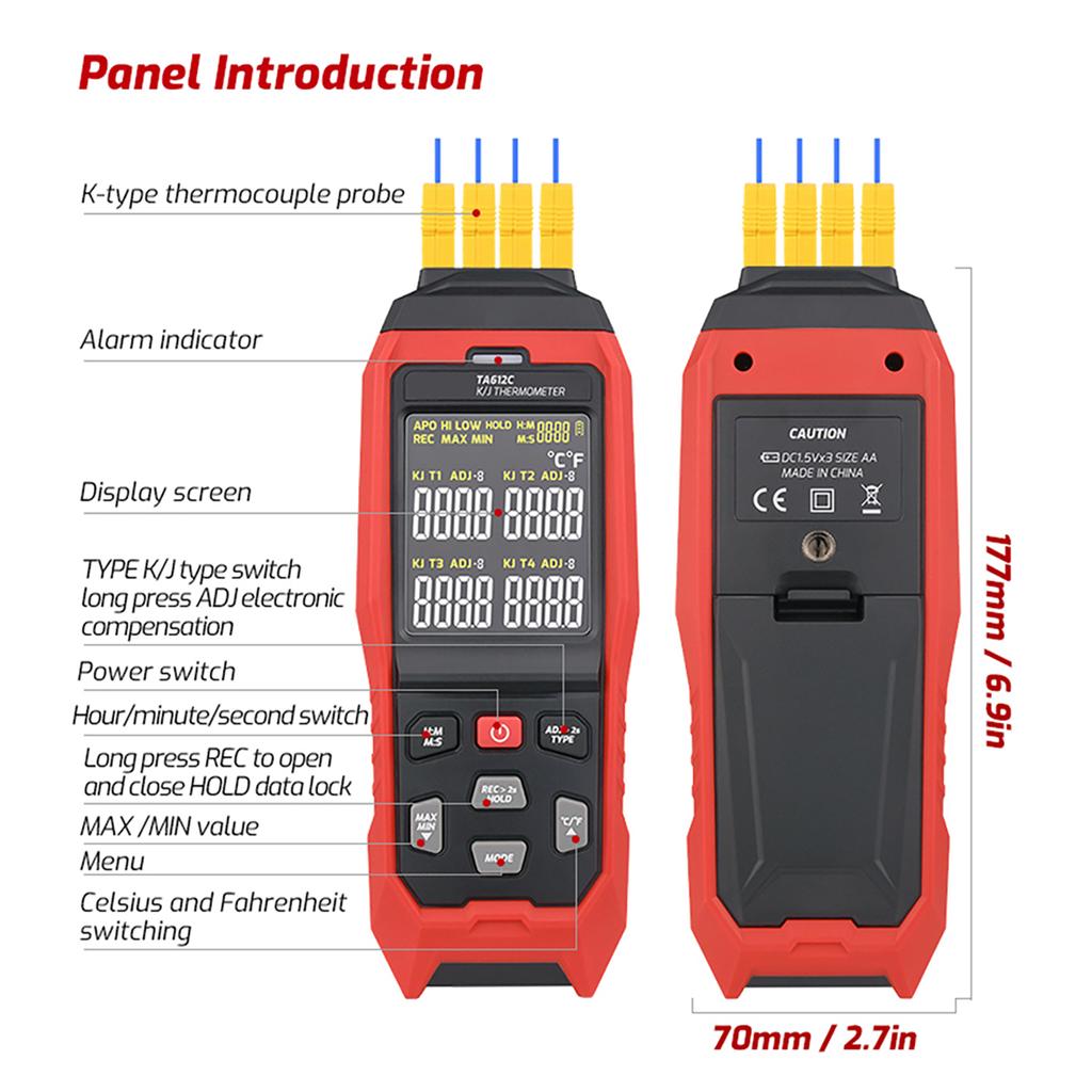 TASI TA612C 4 Channels K/ J Type Thermocouple Thermometer -200~1372/ -328~2501Stopień Fahrenheita Handheld Digital LCD Temperature Meter 5000 Groups