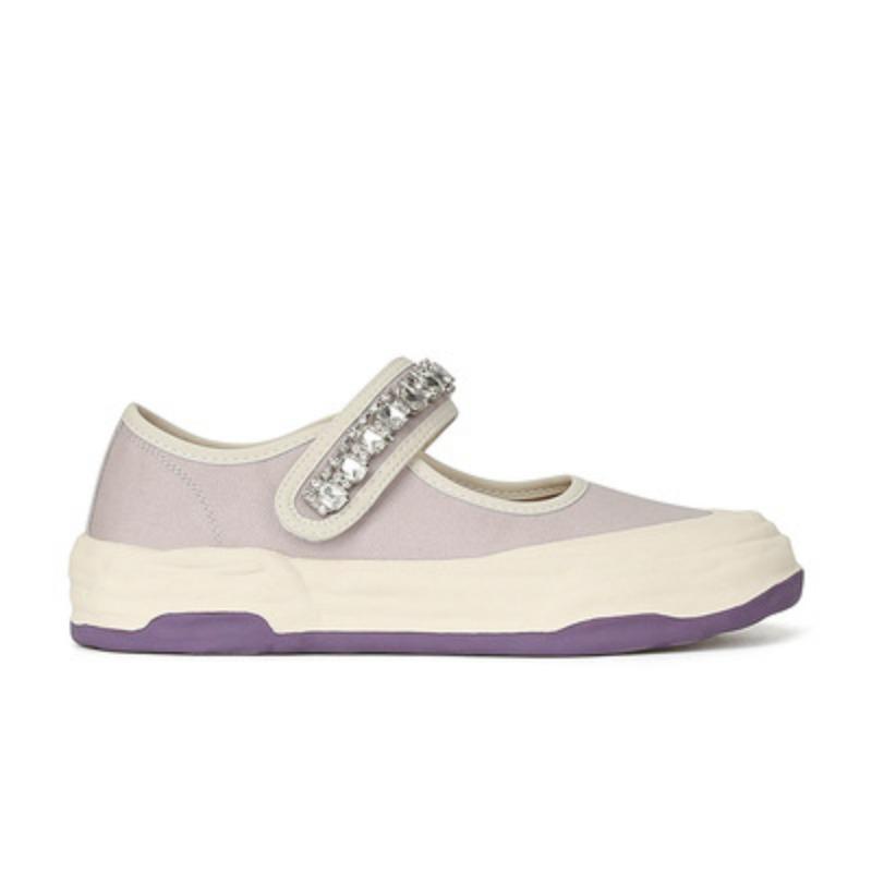 Sheepskin version dissolved shoes rhinestone word with Velcro big shallow mouth Mary Jane half drag canvas shoes women