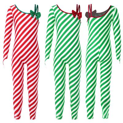 Girls Christmas Candy Cane Striped Unitard One Shoulder Long Sleeve Jumpsuit Ballet Dance Performance Costume