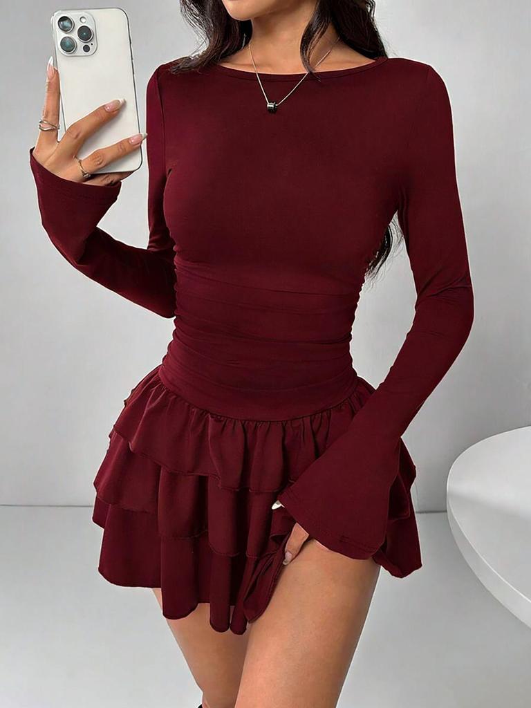 Elegant Patchwork Slim-Fit Waist-Cinching Lace Sleeve Women's Dress with Cake Skirt