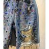 Jeans Loch Shorts Damen Sommer Kurze Hosen Hohe Taille Stretch Used Look Gewaschen Diamanten Streetwear Gerade Denims