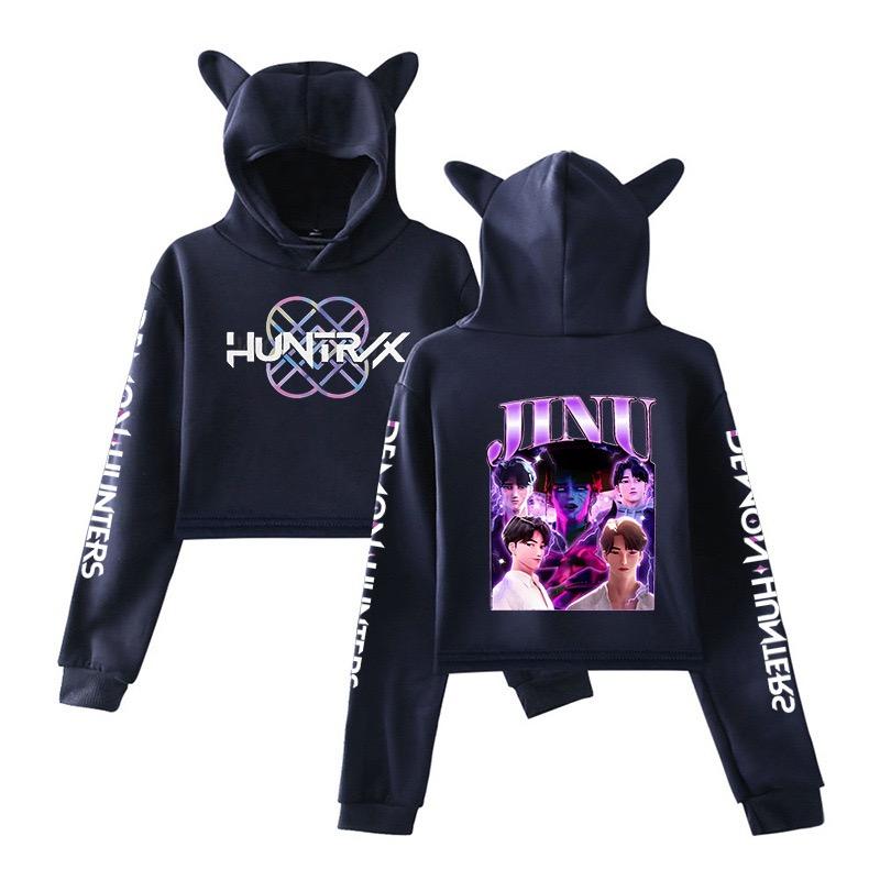 Kpop Demon Hunters Crop Tops Cat Ears Sweatshirt Long Sleeve Girls Fashion Hoodie Autumn Winter