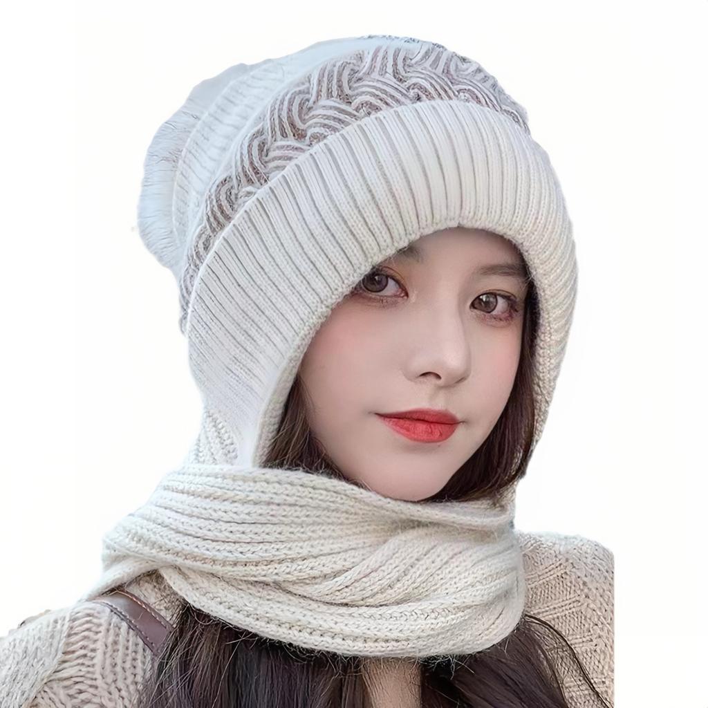 Women Knit Hat Winter Warm Fleece Lined Ear Neck Cover Windproof Scarf Integrated Beanie for Cold Weather Outdoor Activities