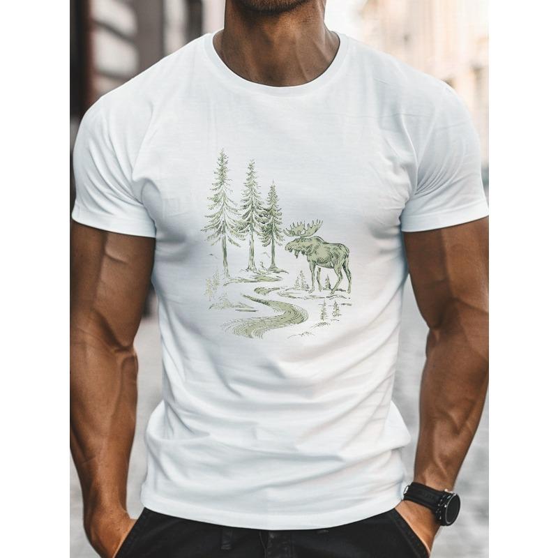 

European sizes Men S Casual T-Shirt with Moose and Pine Trees Print, Crew Neck Short Sleeve Top, Slight Stretch Knit Fabric 2XL белый