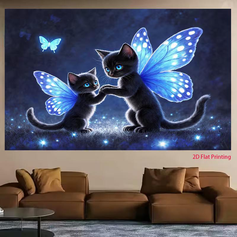 2D Magical Fairy Cats Backdrop Glowing Black Kittens with Wings and Fireflies Party Photo Background