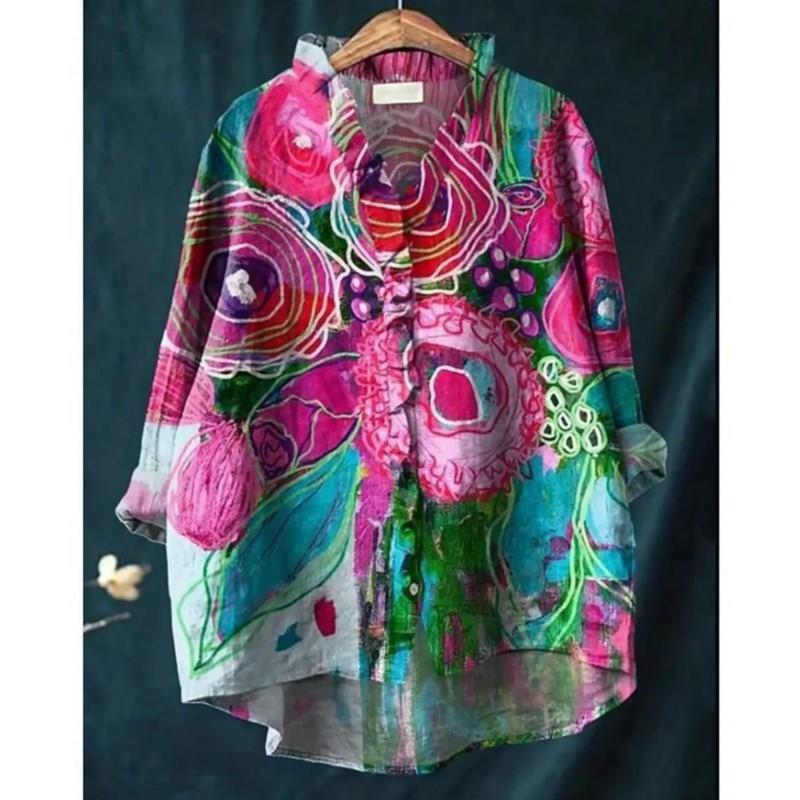 

Ladies Printed Long Sleeved Shirt with Ruffled Neckline, Featuring A Vintage Artistic and Retro Artistic and Leisure Style XS