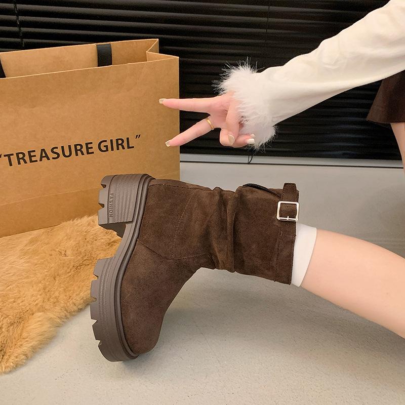 Inner heightened thick heel retro pleated suede Martin boots new small stacks small short boots women's wholesale