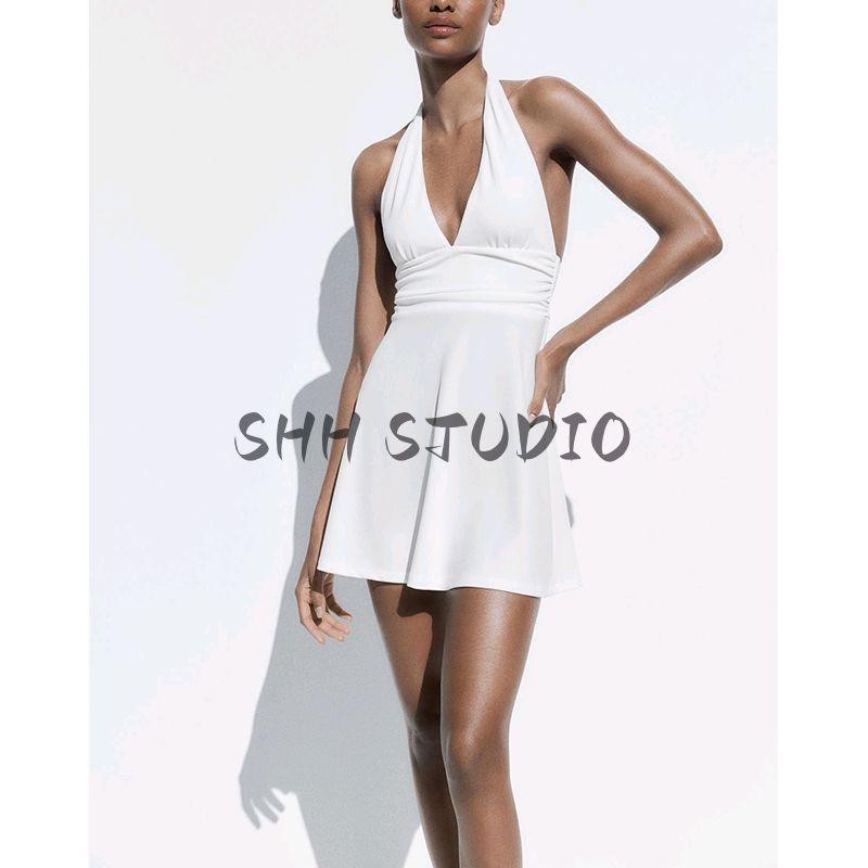 Spring and Summer Women's Clothing Minimalist Wind Ruched Decoration Hanging Collar Open Back Elegant Short Sleeveless Dress 5039358