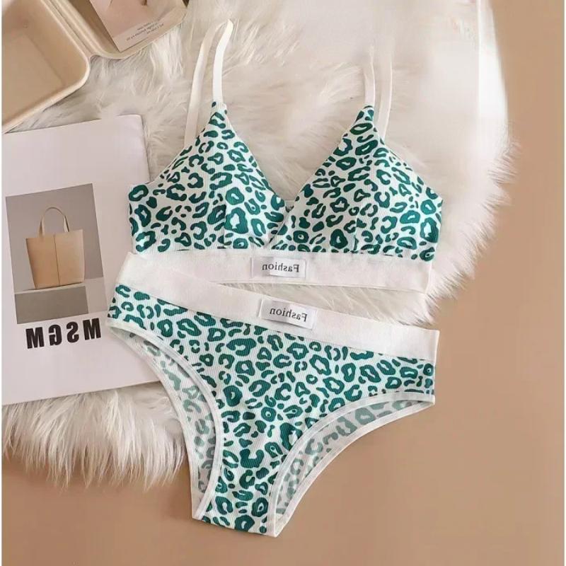 Damen Nahtloses BH-Set Slips Tiefer Bund Leopard Bralette Lingerie-Set V-Ausschnitt Sport-BH Baumwolle Sexy Unterwäsche-Set