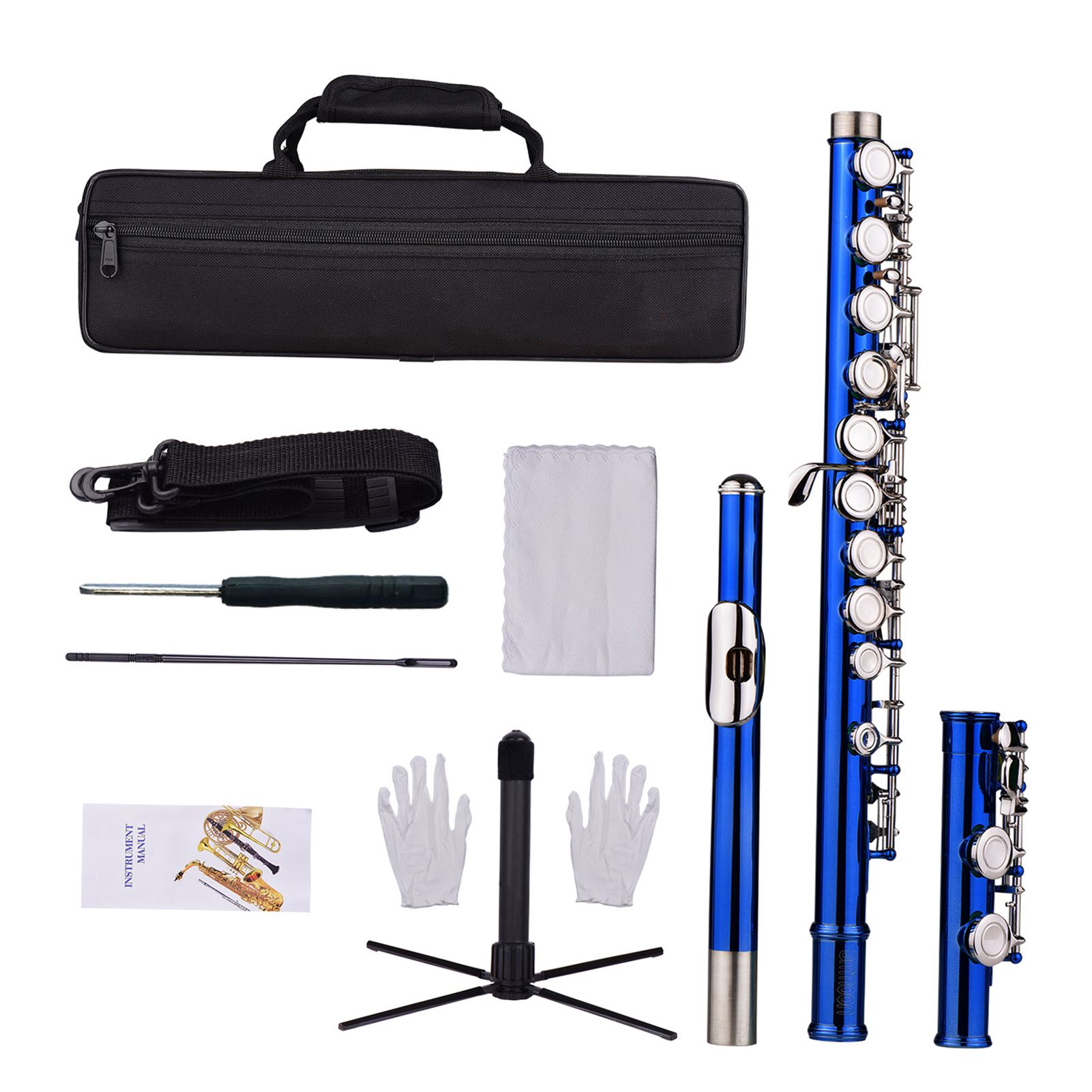 

Closed Hole C Flute 16 Keys Cupronickel Nickel plated Wind Instrument with Carry Case Flute Stand Gloves Cleaning Cloth темно-синього кольору