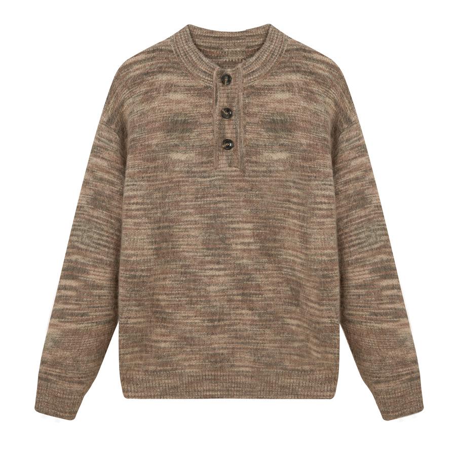 Men's Autumn/Winter Gradient Henley Sweater - Loose, Trendy Knitted Pullover