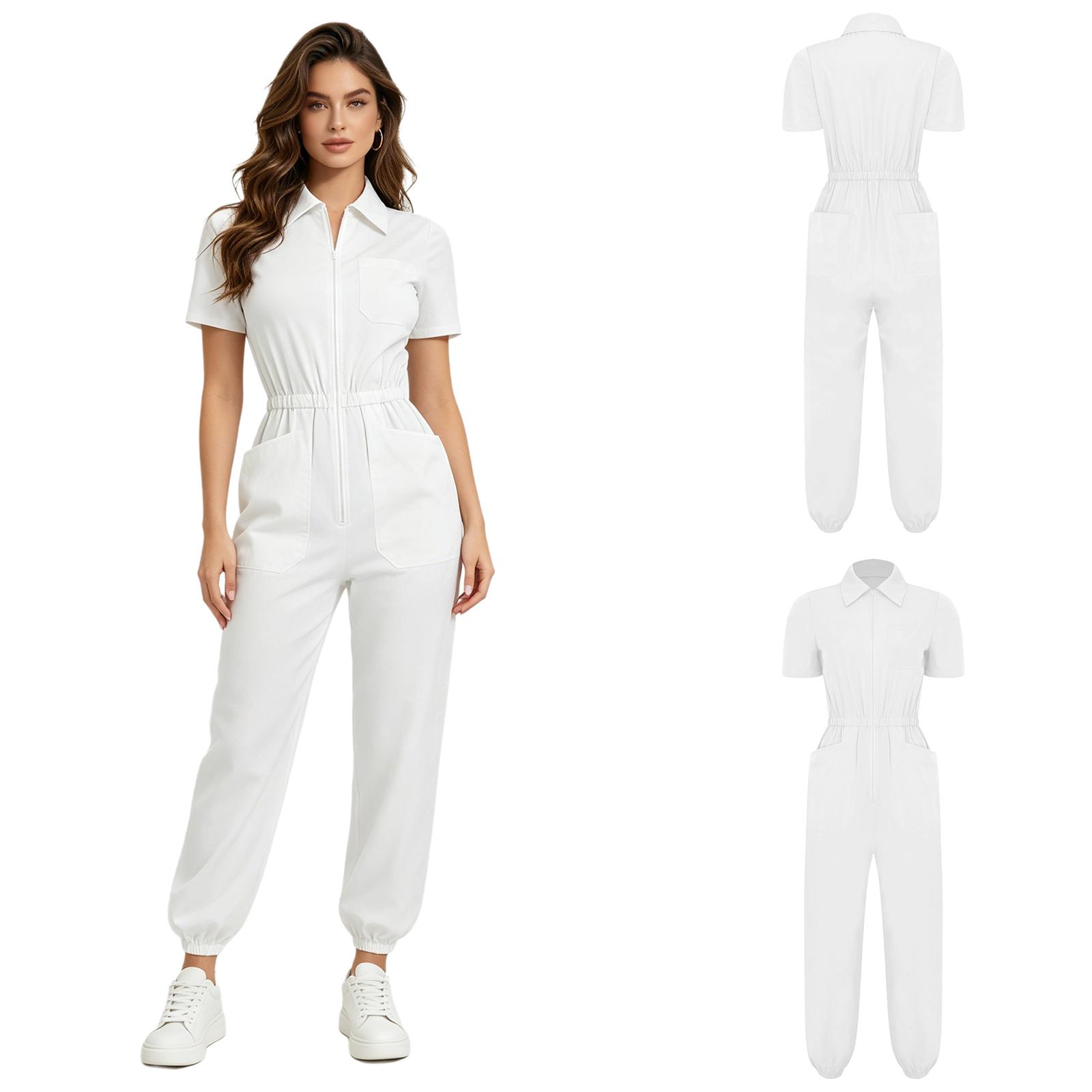 Salopetă de lucru pentru asistent medical S-3XL Mânecă scurtă Buzunare multiple Fermoar frontal Talie elastică Pantaloni cu manșetă Salopetă pentru medic Personal spital Uniformă XXL alb