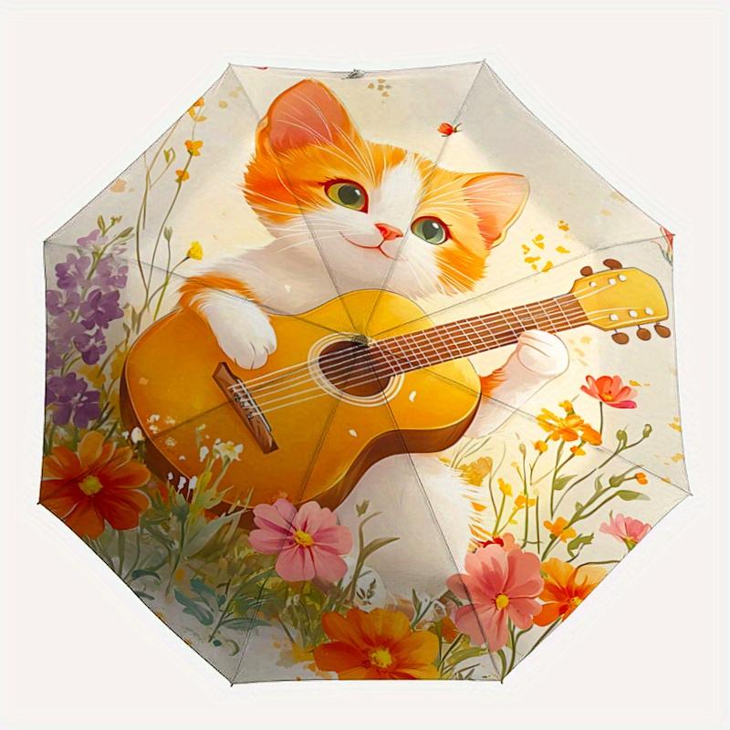 1pc Cat Playing Guitar Automatic Folding Umbrella - 3 Folding Design, Vivid Cartoon Pattern, Suitable for Outdoor Activities, A Gift for Fan
