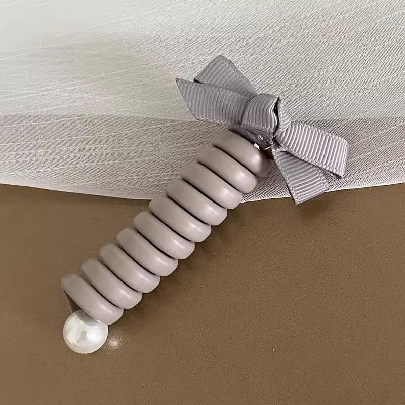 Bowknot Braided Telephone Wire Hair Bands,Spiral Hair Ties Phone Cord With Pearl,Waterproof High Elastic Rubber Hair Band