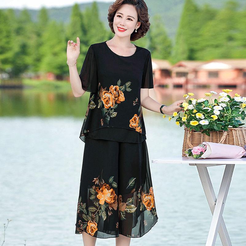 Mom's Summer Chiffon Set Middle-aged Plus Size Skirt Pants Middle-aged and Elderly Chiffon Two-piece Set
