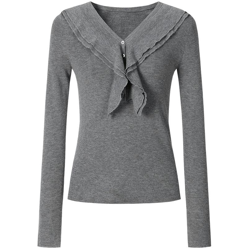 JiuZi AnNnaKou French Romantic Ruffle V-Neck Slim-Fit Wool Knit Sweater S