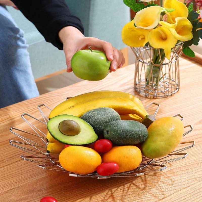 Foldable Fruit Bowl Large Capacity Foldable Creative Fruit Basket Scalable Iron Wire Basket Desktop Storage Hollow Basket