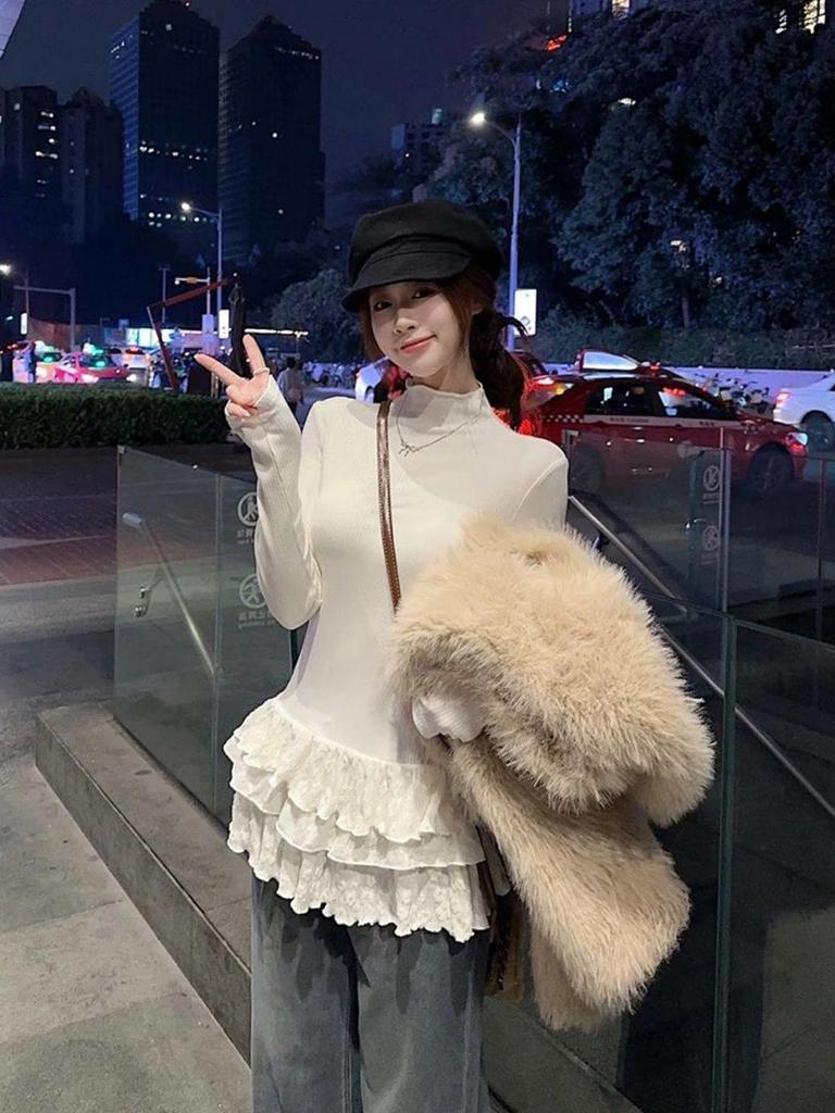 Korean High Neck Women's Slim Fit T-Shirt - Thermal Fleece, Lace Trim, Autumn/Winter Style