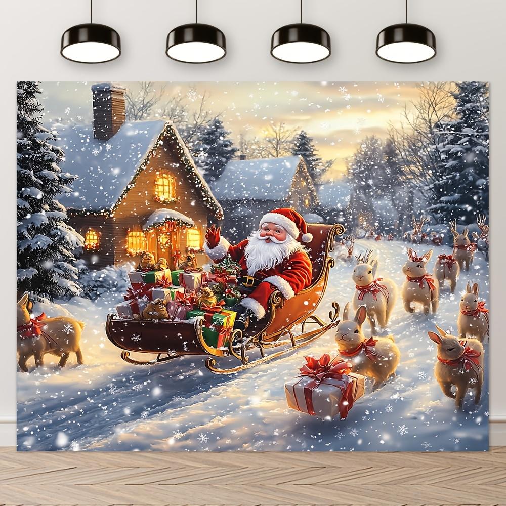 Tapestry1pc, Merry Christmas Decorative Banner, Santa Claus and Reindeer Sleigh Background, 100% Polyester