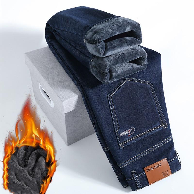 Men Autumn Winter Plus Size Thickened Warm Pants Fleece Jeans Business Casual Slim Straight Denim Trousers