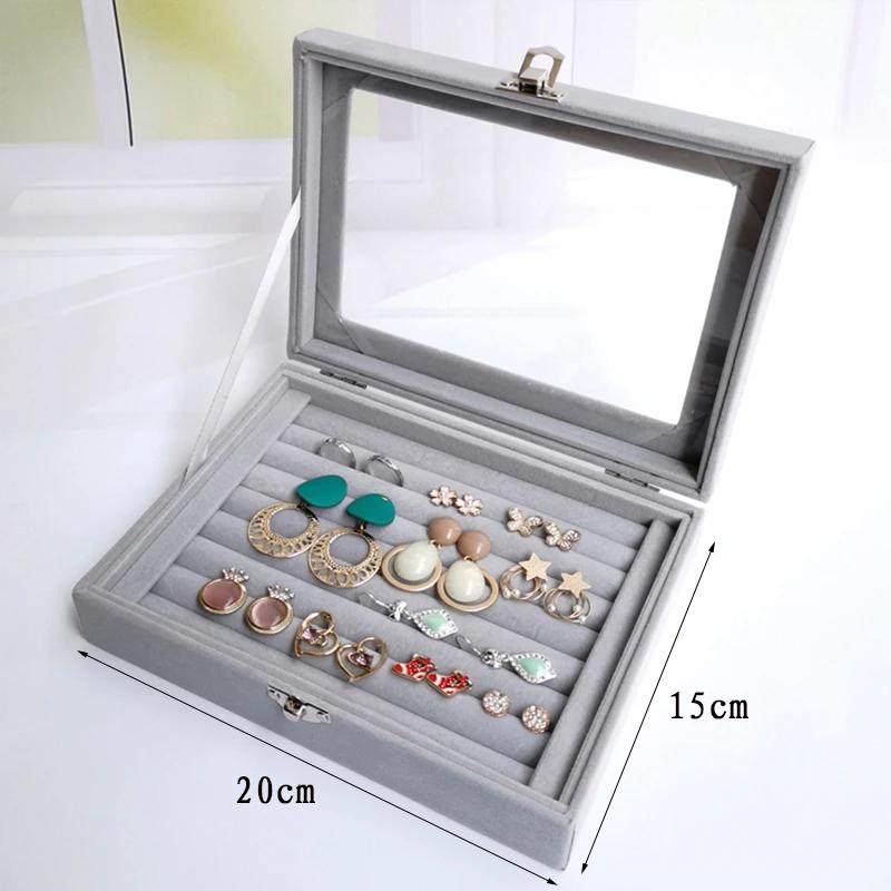 New Velvet & Glass Jewelry Display Organizer Box - Tray Holder Storage Case for Rings & Earrings