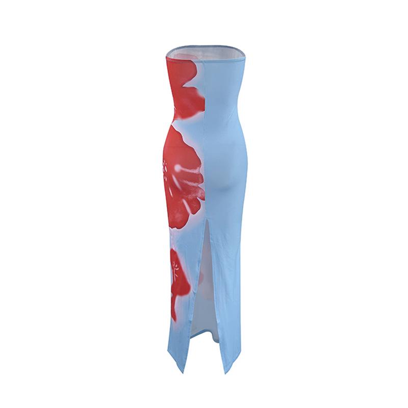 European & American Style Sexy Slim Fit Strapless Printed Long Dress with Side Slit for Women