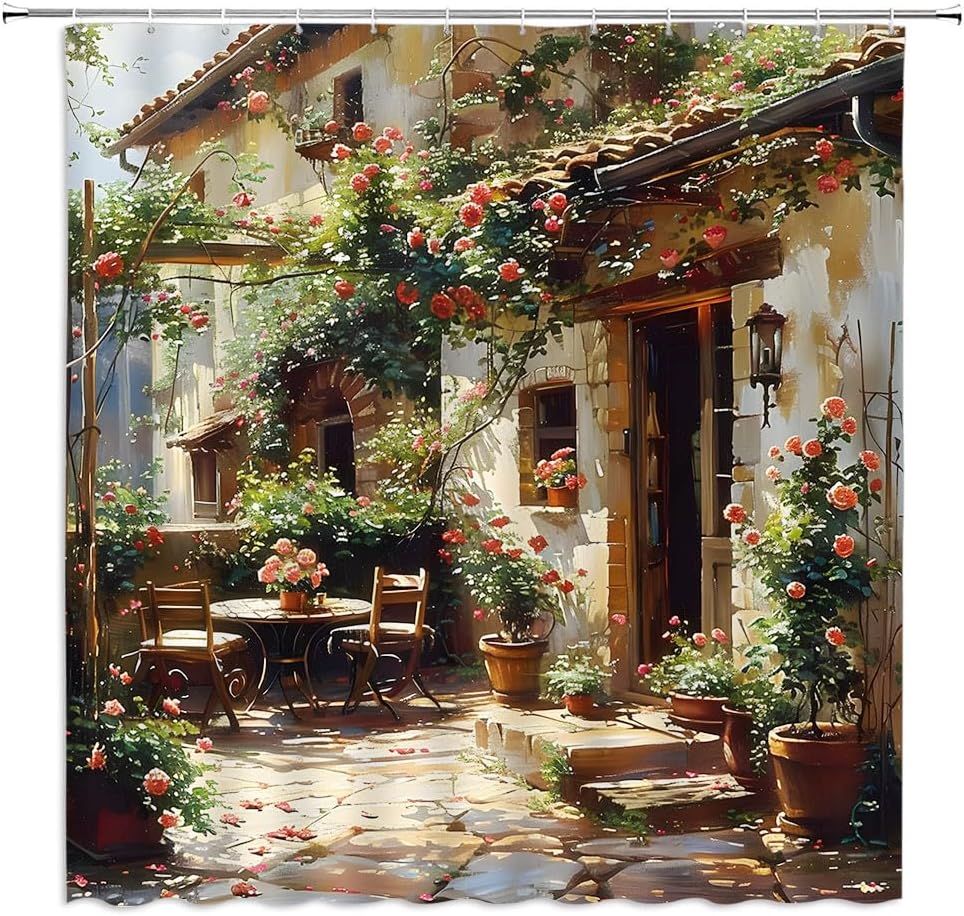 Tenda Doccia da Giardino Rustica Italiana Europea Toscana Italia Strada Città Cortile Fiore Vite Vaso Vintage Cultura Mediterranea