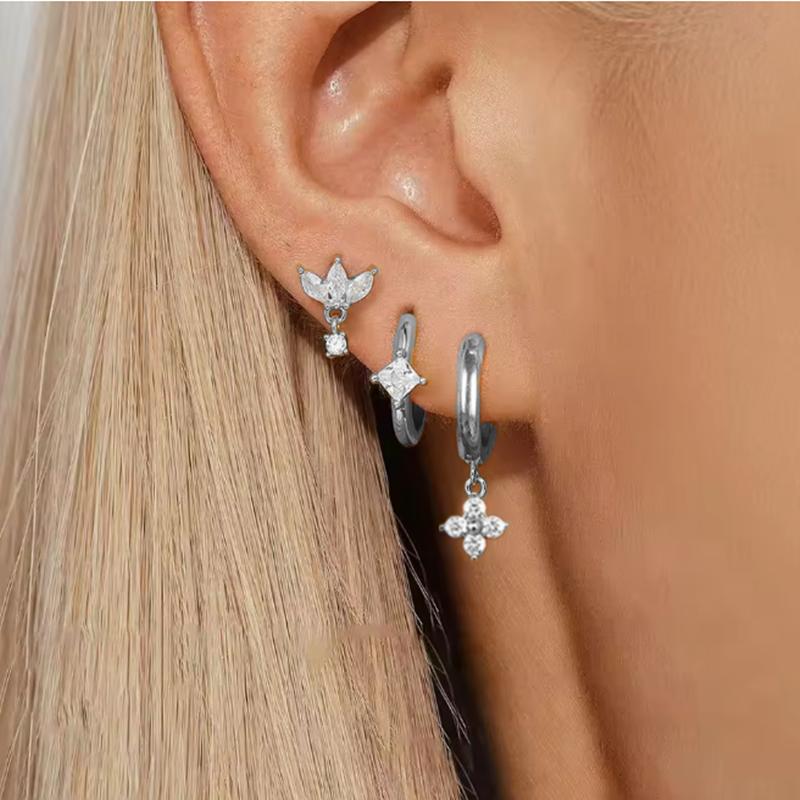 3PCS Crystal Flower Tragus Stud Earring Set Women Fashion Square Huggie Hoop Earring Bulk Cartilage Helix Jeweley Lobe Piercing
