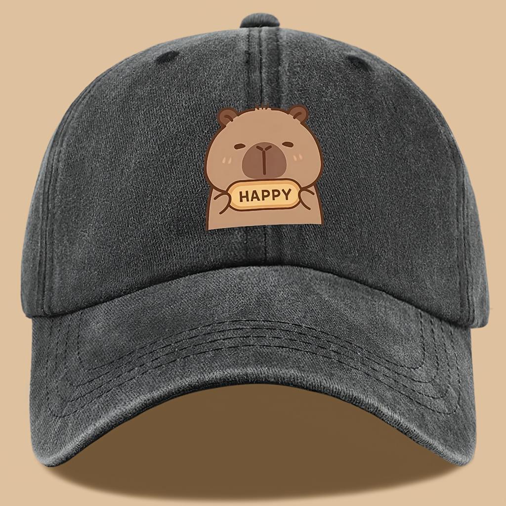 pc Capybara Happy Print Trucker Hat  Vintage Washed Adjustable Baseball Cap Breathable Unisex Outdoor Sun Hat with Cute Carto