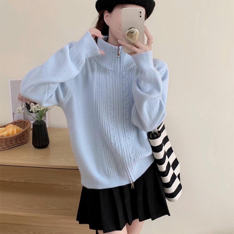 Autumn and winter new simple stand-up collar twist double zipper knitted cardigan women's loose lazy sweater jacket