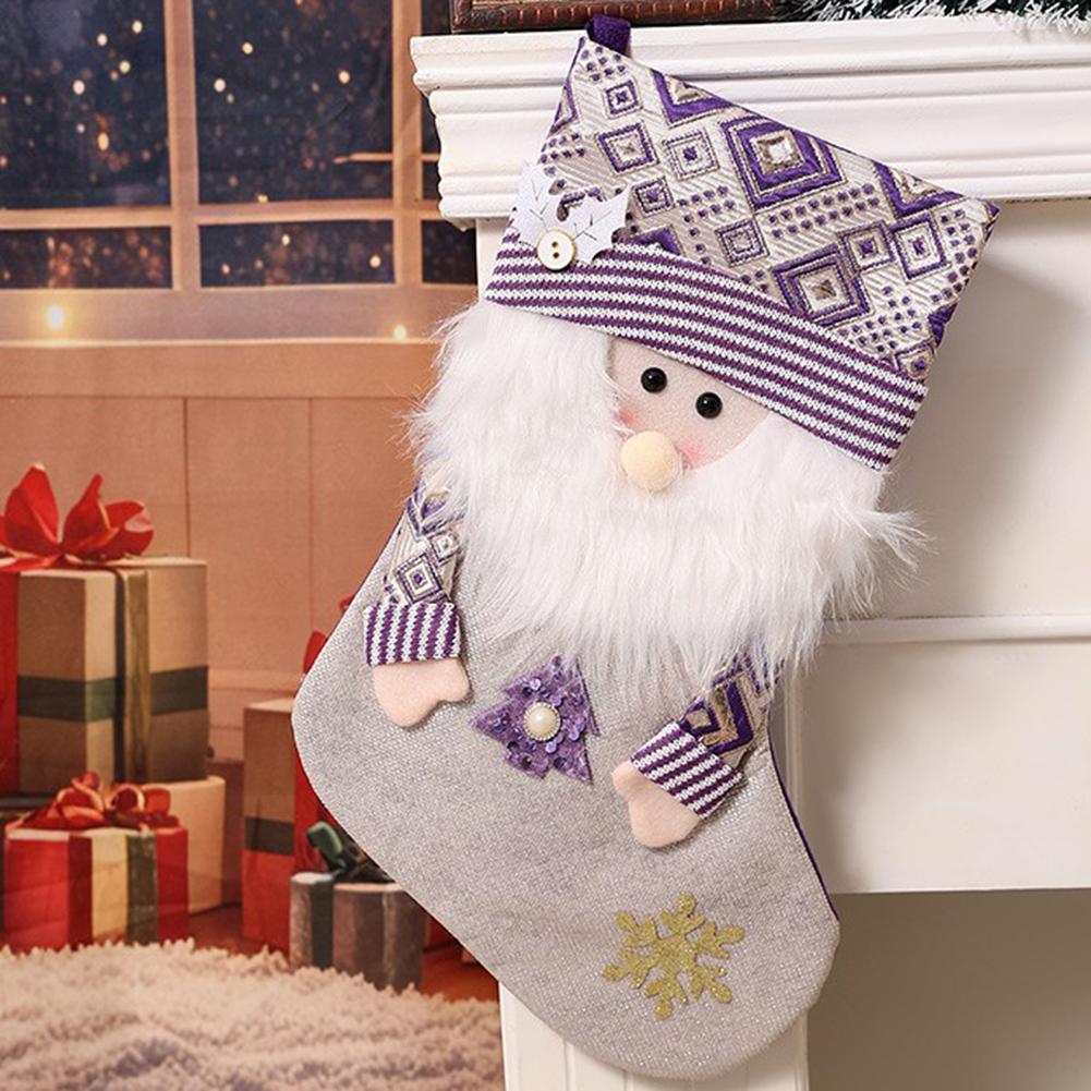 Holiday decorative purple socks Christmas stockings with Santa Claus design large 45cm for storage and home decoration