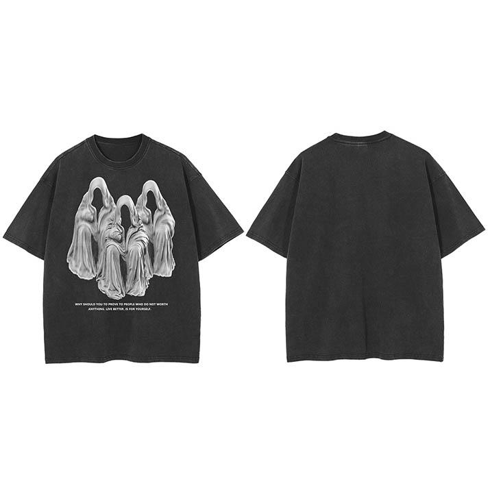 Hip Hop Streetwear Retro Vintage Washed Black TShirt Ghost Graphic Shirt Cotton Unisex Tshirt Men Tops Tees Hipster Dope S