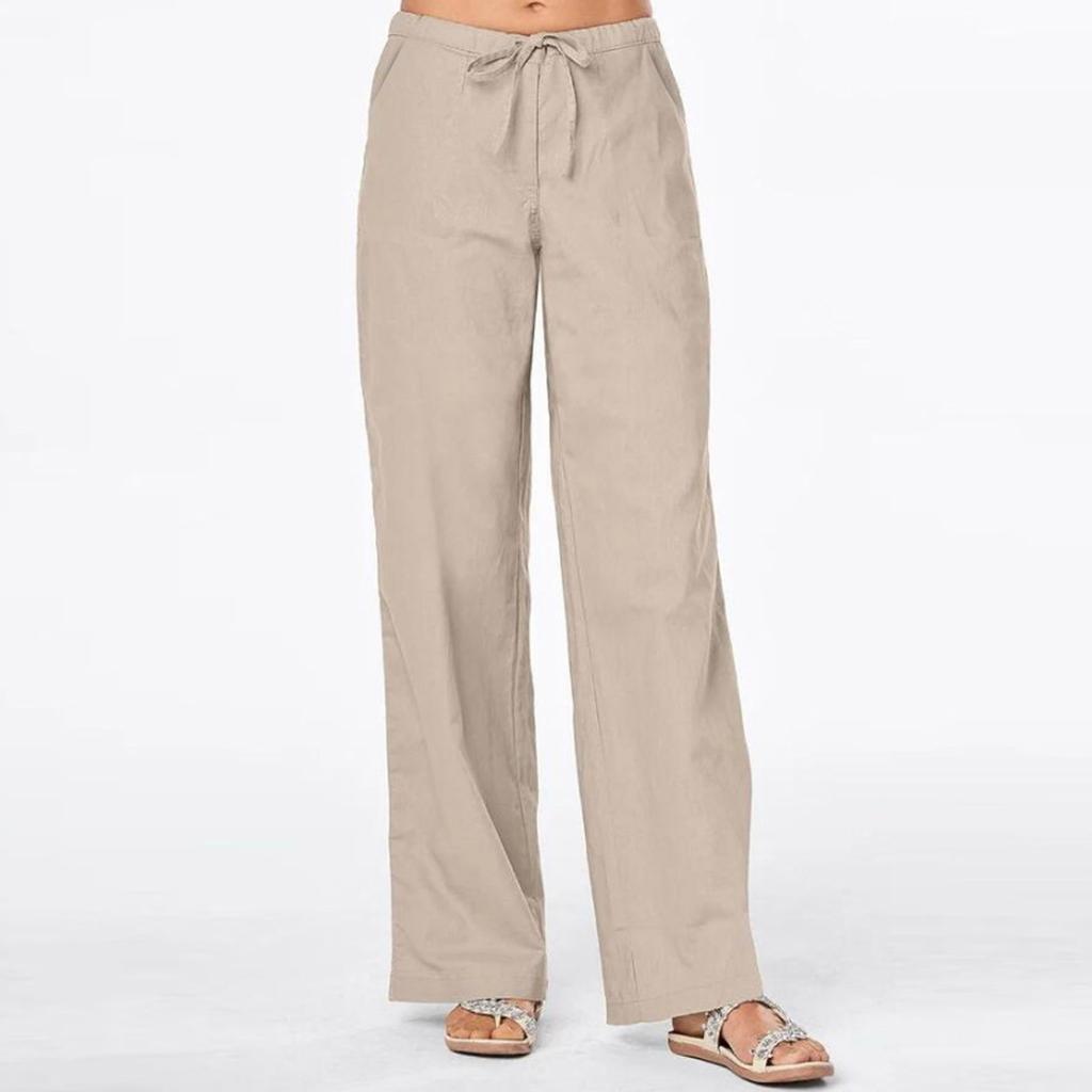Spring Summer Women's Solid Color Strap Pocket Loose Casual Long Pants Wide Leg Linen Trousers for Women