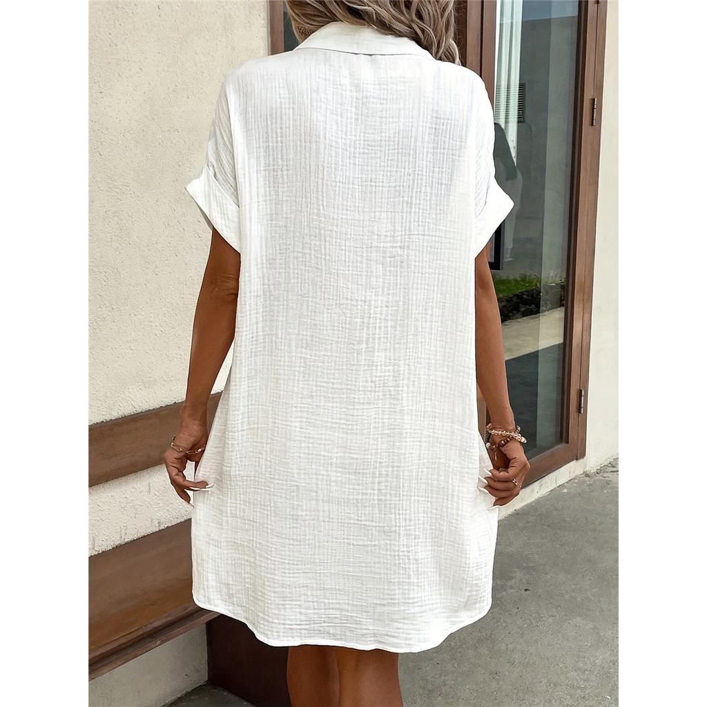 Women's Shirt Dress Solid Color Short-sleeved Lapel Cotton Linen Casual Loose Dress