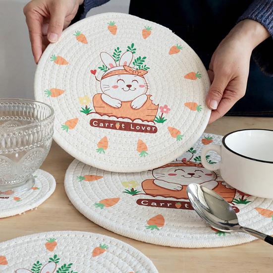 12/18/24/30cm Nordic Style Minimalist Thread Rabbit Carrot Placemat Pattern Household Cotton Anti-Scalding Cup Mat