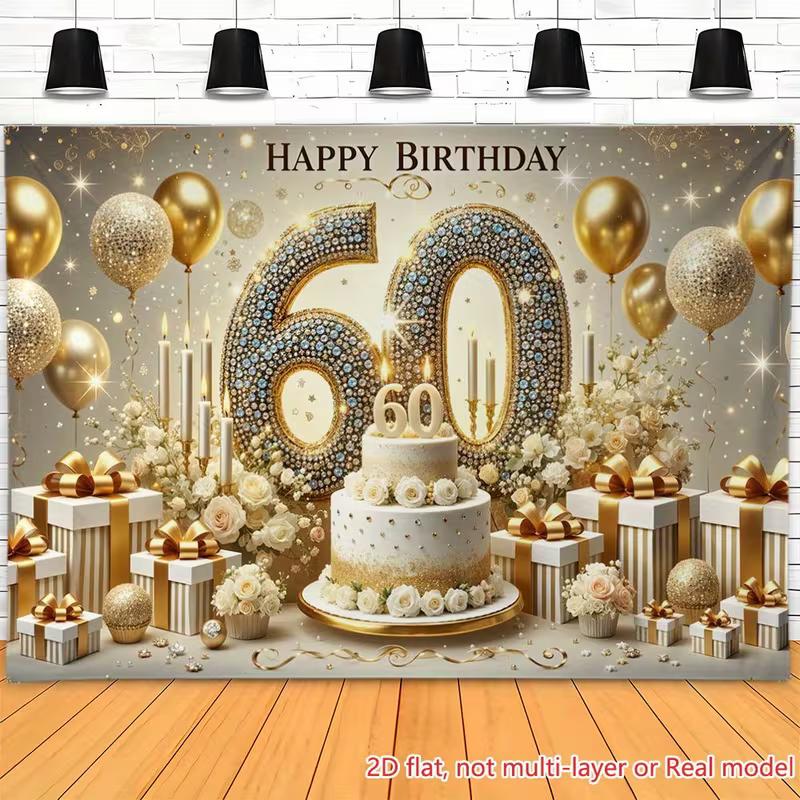 2D Gold Glitter 60th Birthday Backdrop Banner Luxury Diamond Themed Party Decor Background