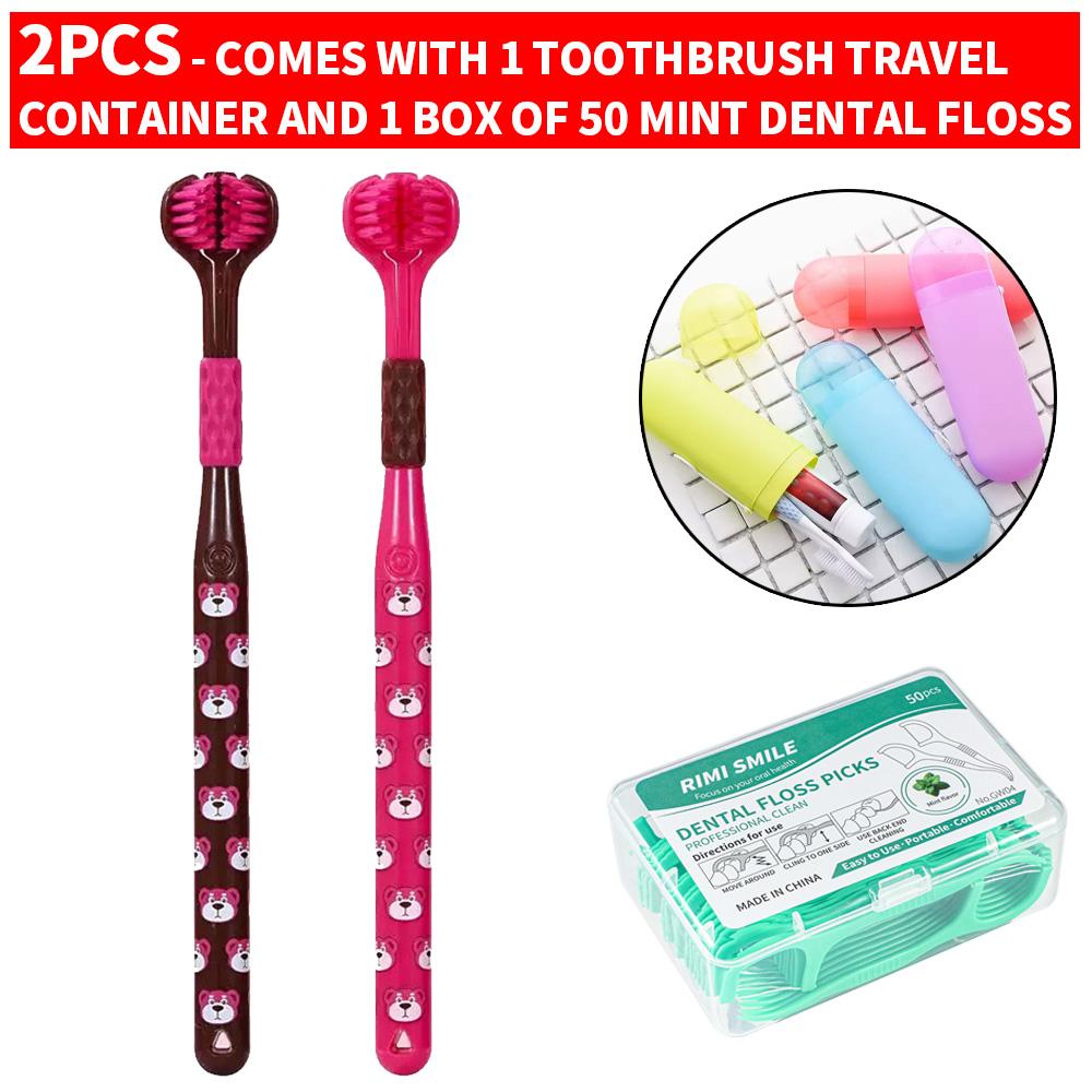 

4 шт./2 шт. Трехсторонняя зубная щетка Мягкая щетина (В комплекте 1 дорожный контейнер для зубной щетки и 1 коробка с 50 шт. мятной зубной нити)