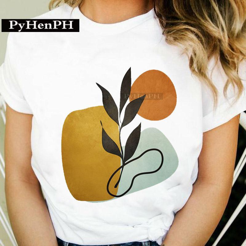 

Fashionable and Creative Geometric Landscape Pattern Womens Shortsleeved Tshirt Summer Casual White Base Tshirt Graphic S