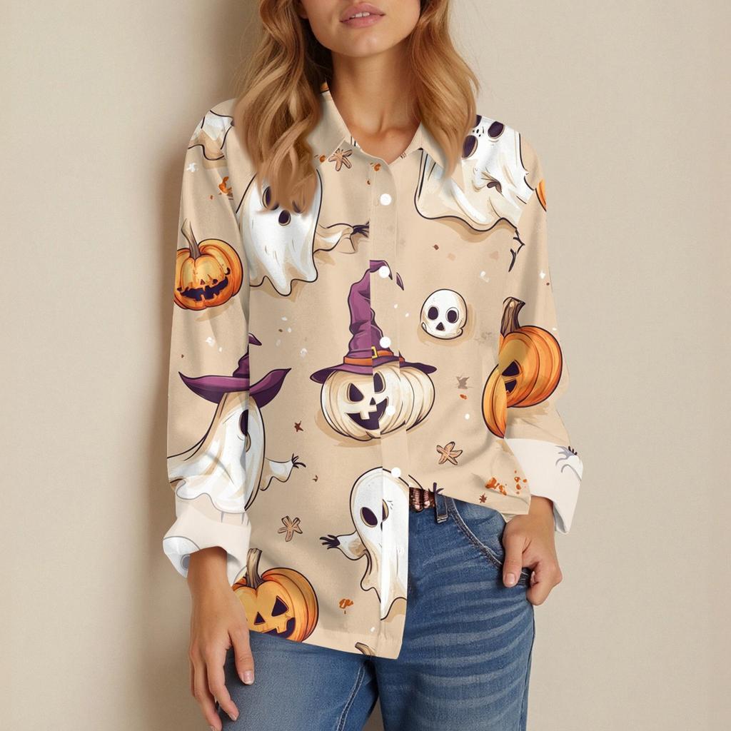 Damen Hemd Bluse Halloween Print Knopf Langarm Lässig Basic Hemdkragen Regulär Top
