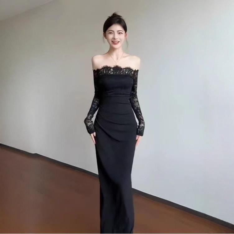

Pure desire wind one-word shoulder lace splicing dress autumn new models with sexy waist and thin bottom hip skirt XL чорний