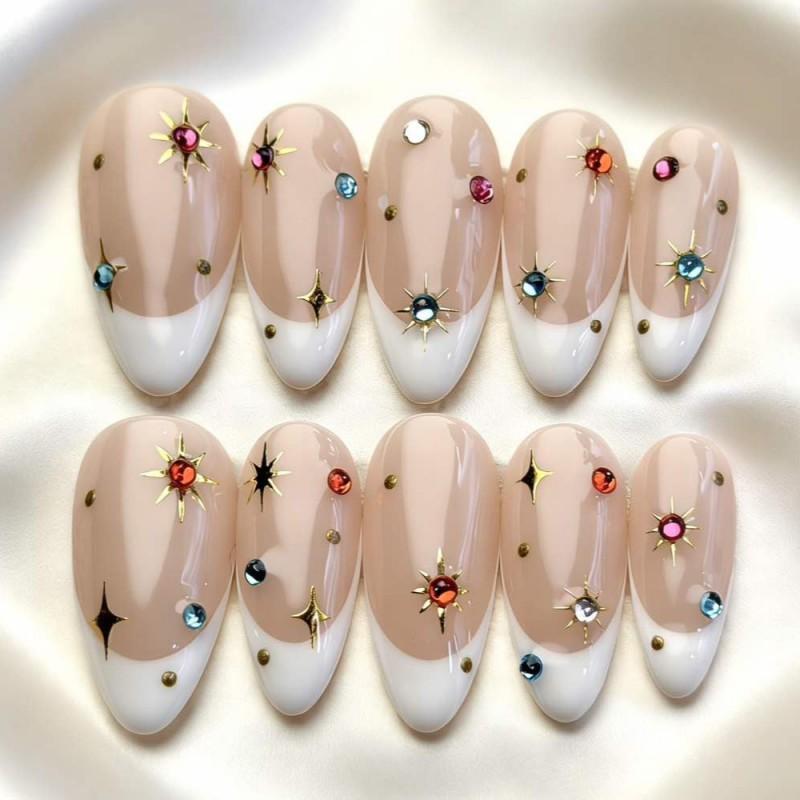 Reusable Press-On Nails Long Pointed Shape Purple Shimmer Cat Eye Solid Color Women Men Teens AW1297