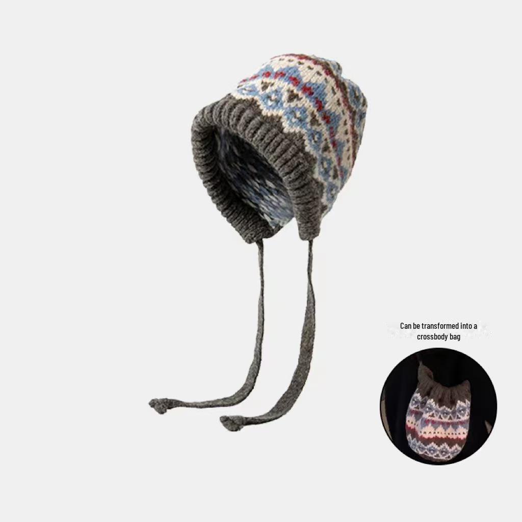 Korean Style Women's Fair Isle Winter Knit Drawstring Hat