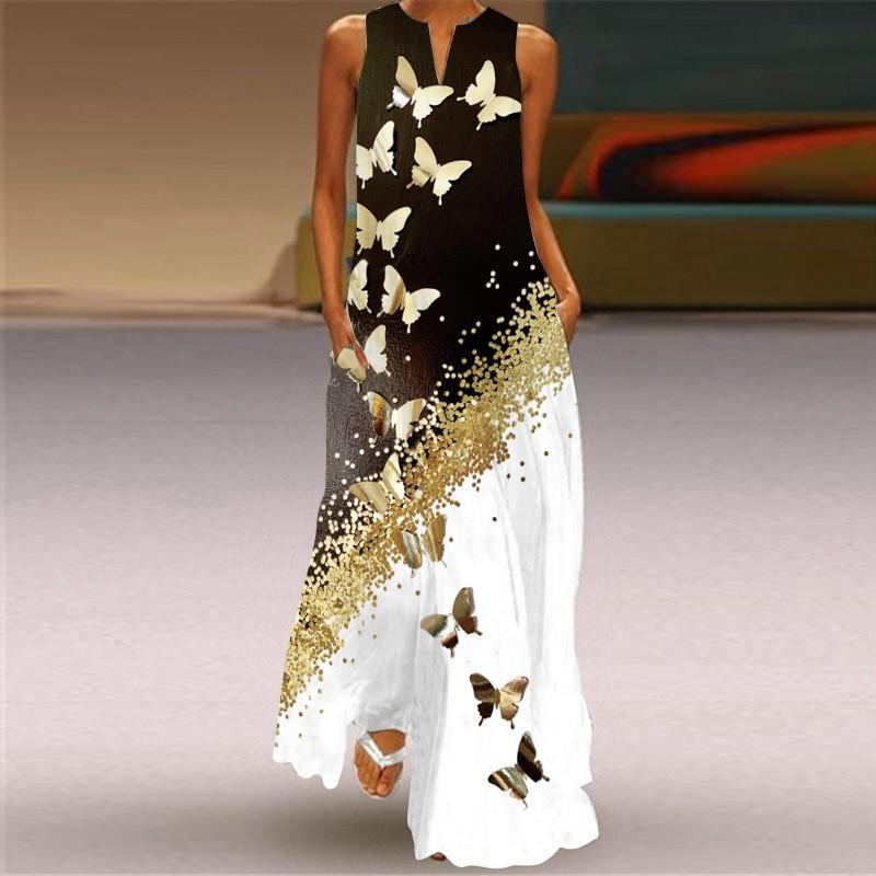 New summer women's D printed sleeveless V-neck dress